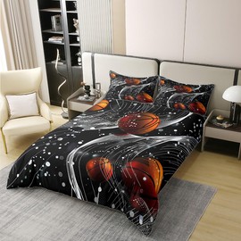 Feelyou Basketball Comforter Cover Full Size Sport Theme Basketball Comforter Cover for Teens Geometric Line Black 100% Cotton Duvet Cover Gaming Quilt Cover Easy Care Bed Set for,No Comforter