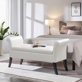 Yaheetech Storage Bench Modern Faux Leather Tufted Bench with Large Storage Rolled Arms Cushioned Footstool Entryway Bench Functional Foot Rest for Living Room Bedroom Window Side White