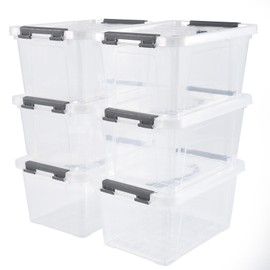 Eslite 6 Quart Plastic Stackable Storage Latch Bins,Clear Latching Box with Handle and Lid,Pack of 6 (Grey Handle)