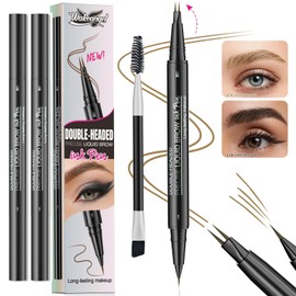 Curved Eyebrow Pen - Eyebrow Pencil, Brow Pencil 2-in-1 Dual-Ended Microblading Eyebrow Pen with Micro-Fork-Tip and Precise Brush-Tip Create Natural Hair-Like Brows, Last All-Day,Set of 2 -(Light Brown*1 & Dark Brown*1)