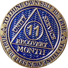 11 Month AA Medallion Dusty Blue Color Gold Plated Sobriety Chip