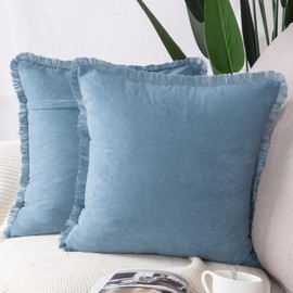 MADIZZ Set of 2 Suede Throw Pillow Covers with Fringe Tassels 16x16 Inch Light Blue Soft Decorative Cushion Cover for Sofa Bedroom Pillow Shell