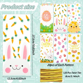 GOMANCHE 120 Pieces Cellophane Treat Bags, 6 Styles Easter Clear Cello Candy Goodies Bags with Twist Ties for Easter Spring Holiday Party Favors Supplies