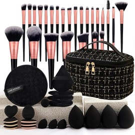 Set de Brochas para Maquillaje 47 piezas Profesional, Estuche, Negro Maquillar Ojos y Mejillas, Brochas Faciales, Con Esponja Multifuncional y Cepillo de Limpieza, para Uso Profesional y Diario