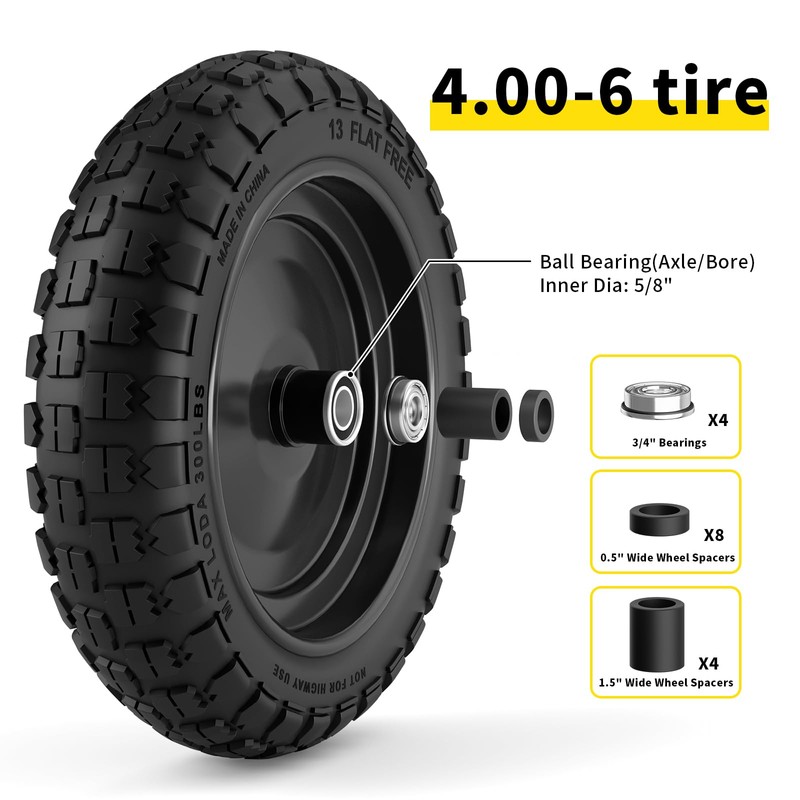 RONPOW 13" 4.00-6 Wheelbarrow Tire and Wheel, 4.00-6 Solid Tire