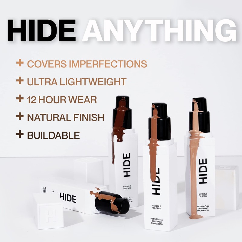 HIDE PREMIUM Liquid Foundation, Multi-Use Waterproof Foundation, Medium/Full Coverage Foundation,