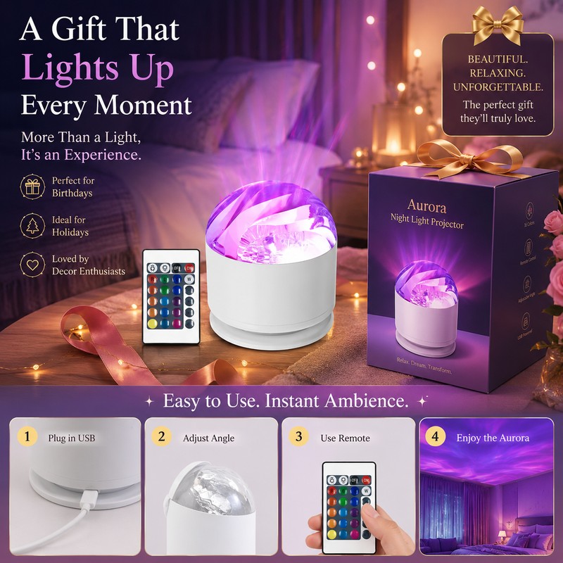Galaxy Projector Night Light for Bedroom – 16-Color Rotating Aurora