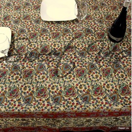 India Arts Handmade Elephant Floral Print Cotton Tablecloth Rectangle 70x106 Beige Red Black