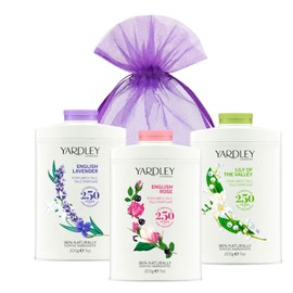 Yardley London English Lavender Talc, Lily of The Valley Talc and English Rose Talcum Powder Gift Set 3 Pack Bundle for Women (3 x 200g Each) in a Gift Bag by Deluxio Gifts