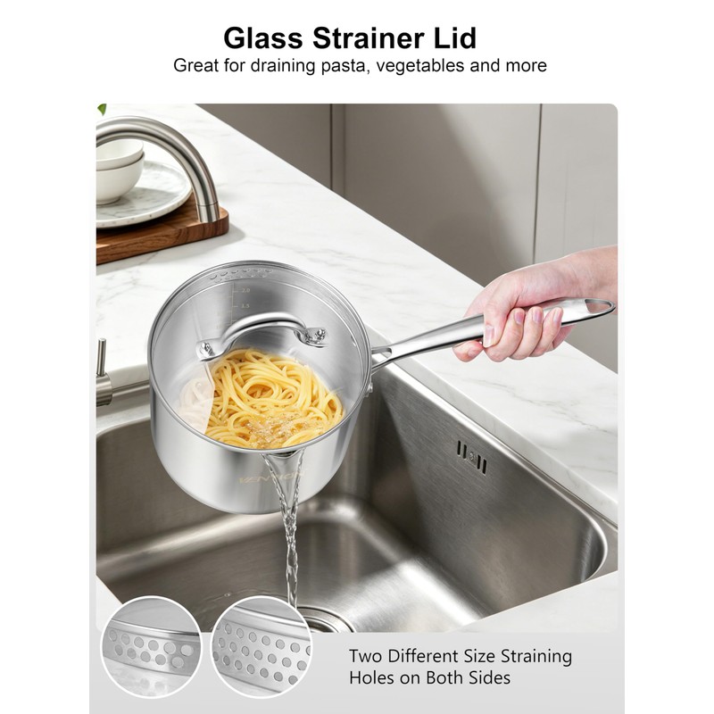 VENTION Tri-Ply Stainless Steel Saucepan with Glass Strainer Lid, 3