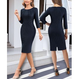VFSHOW Womens 2025 Elegant Work Business Office Sheath Pencil Dresses Front Zipper Pleated Crew Neck Fitted Bodycon Dress (Blue and White Stripe, XX-Large) 12029 BLU XXL
