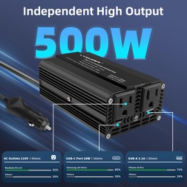 500W Power Inverter, LVYUAN Inverter 12V DC to 110V AC Car Plug in Adapter Outlet Fast-Charging [20W USB-C]/USB-A(18W) Vehicle Converter for Phone, Laptops, Road Trip Charger