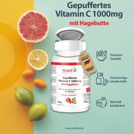 Buffered Vitamin C 1000mg with Rose Hip - with 1000mg per Tablet - 250 Tablets - High Dose - 100% Vegan - German Production & Laboratory Test - NutriFair | Premium & Fair