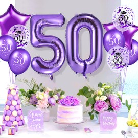 Purple 50th Birthday Balloons Decorations 40 Inch Number 50 Birthday Foil Balloons Star Balloons Happy 50th Birthday Confetti Latex Balloons for Women Men 50th Birthday Anniversary Party Supplies