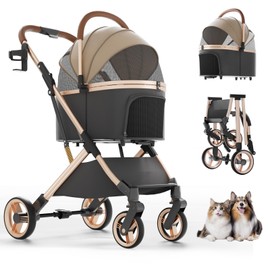 NUGUTIC Pet Stroller with 4 Wheels, Dog Stroller with Detachable Carrier, One-Click Folding Pet Travel Carrier for Small, Medium Dogs Cats up to 50lbs, 3 in 1 Multifunctional (Brown‌)