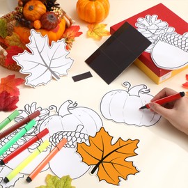 Soulchen 48 Pcs Fall Crafts Color Your Own Magnet DIY Coloring Favors Pumpkin Maple Leaves Ornaments Craft Kits for Gift Home Fall Thanksgiving Party Favors