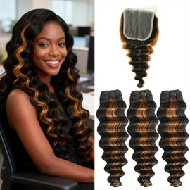 Loose Deep Wave Bundles with Closure Human Hair 1b/30 Highlight Color (20 22 24+20 Inch) 10A Brazilian 4×4 Lace Closure and 3 Bundles Sew In Hair Extensions for Women