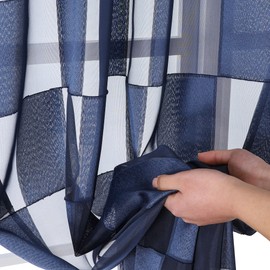 OVZME Barry Navy Blue Sheer Curtains 96 Inch Length 2 Panels - Checkered Light Filtering Soft Airy Voile, Clip Jacquard Textured Drapes for Bedroom Living Room Window, Dual Rod Pocket, 42Wx96L