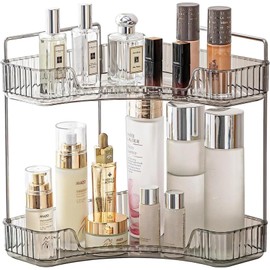 Bathroom Organizer Countertop, Vanity Trays for Bathroom, Skincare Makeup Organizer Shelf, Vanity Organizer, Bathroom Counter Shelf for Cosmetics, Toiletries, Lotions, Perfumes (2 Tiers, Grey)