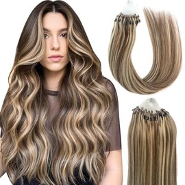 KiiKiiGirl MicroLink Hair Extensions Human Hair, 16 inch 50g 62s #T4/P4/16 Brown mixed bleached blonde hair Micro Beads Real Human Hair Extensions Invisible Straight Micro Loop Hair Extensions