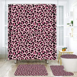 Onalasyc 4 Pcs Leopard Shower Curtain,Cheetah Shower Curtain Bathroom Set,Pink Animal Print Leopard Waterproof Bathroom Sets with Shower Curtain and Rugs,juego de baño,with 12 Pcs Hooks