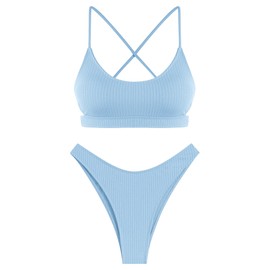 ZAFUL Women's Cutout Bikini Scoop Neck Ribbed High Cut Bikini Sets Two Piece Swimsuit (1-Light Blue, M)