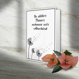 25 x Sympathy Cards DIN A6 Dandelions Motif + Mourning Envelopes DIN C6 - Black Mourning Frame - 10.5 x 14.8 cm - Double Card Printable - Condolence Set for Thank You, Invitation, Display Mourning