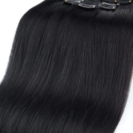 Elailite Clip-In Real Hair Extensions for Girls, Double Wefts, 8 Pieces, 18 Clips, Straight Human Hair Extensions, 30 cm - 110 g, #1 Black