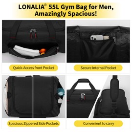 LONALIA 55L Sports Gym Duffle Bag for Men - 22 inch Large Duffel Bag for Workout, Travel, Weekender, Fitness (Black)