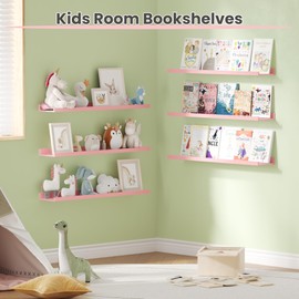 upsimples Floating Shelves for Wall, Wall Shelves for Decor Storage Set of 6, Wall Mounted Wood Shelves for Bedroom, Living Room, Bathroom, Kitchen, 35.5 inch Long Picture Ledge Shelves, Pink