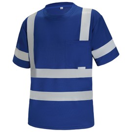 Wuple Safety Shirts for Men Construction Short Sleeve Quick Dry with Pocket Workwear, Class 3 High Visibility Shirts with Reflective Strips Blue 2XL