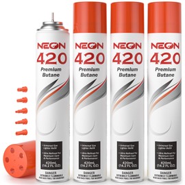 NEON Butane Refill 420ml, 11X Ultra Refined 0 Impurities Butane Fuel, Premium Universal Lighter Fluid with Metal Nozzle and 5 Butane Gas Refill Adapters for Refillable Lighters and Torches, 4 Cans