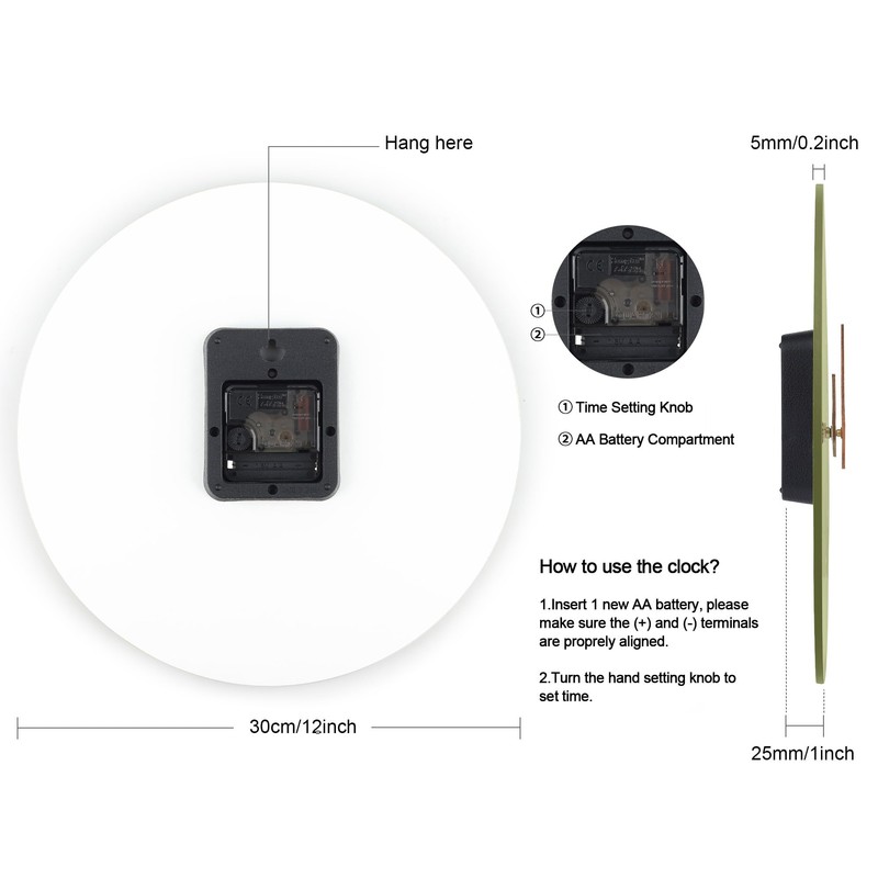 Lafocuse 12 Inch Silent Olive Green Wall Clock Battery Operated