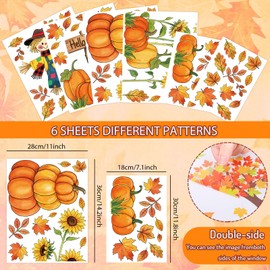 Whaline 6 Sheets Fall Window Clings Watercolor Sunflower Pumpkin Maple Leaf Scarecrow Reusable Window Decals for Autumn Harvest Thanksgiving Home Office School Decor