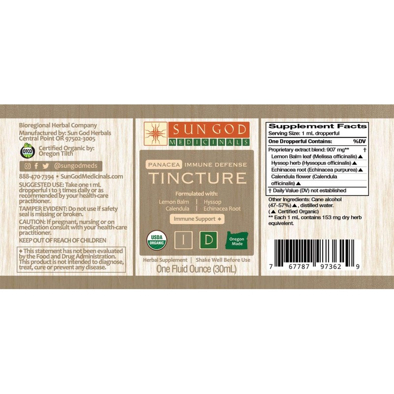 Sun God Medicinals Certified Organic Liquid Extract for Immune Support-Panacea,