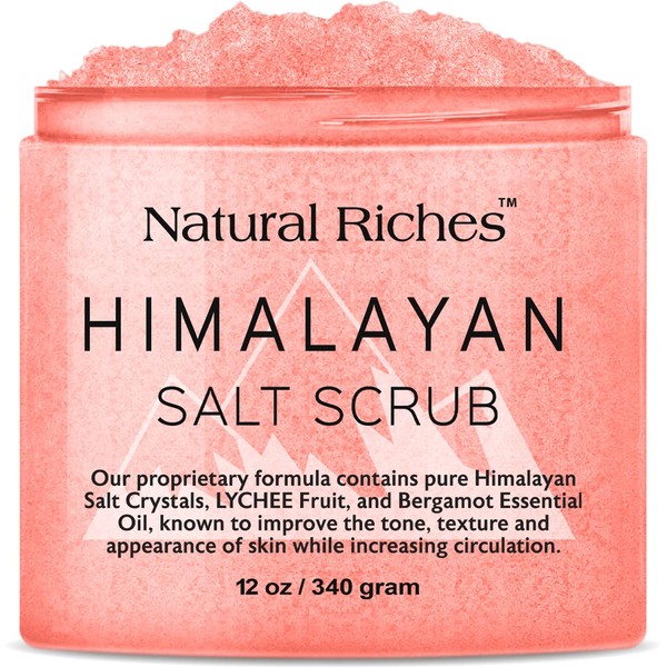Natural Riches Himalayan Salt Exfoliating Body Scrub Lychee Bergamot Essential oil with Vitamin C - (12 Oz / 340 gm) Moisturize Deep Cleansing foot scrub body skin exfoliator