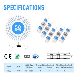 Kuject Solder Connector Set, 50 Pieces Heat Shrink Tubing with Solder, Butt Connector, Waterproof 1.5-2.5 mm², AWG 16-14 (Blue)
