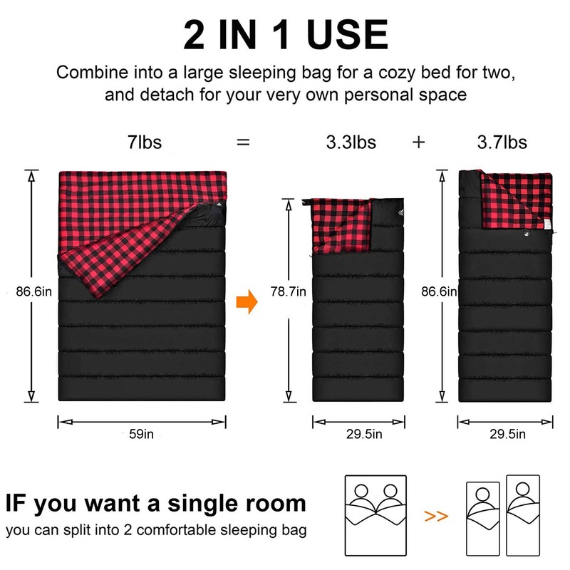 AGEMORE Cotton Flannel Double Sleeping Bag for Camping, Backpacking Or