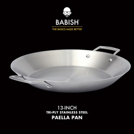 Babish 13 Inch Tri-Ply Stainless Steel Paella Pan, Large Skillet, Griddle, Frying Pan - Induction Safe