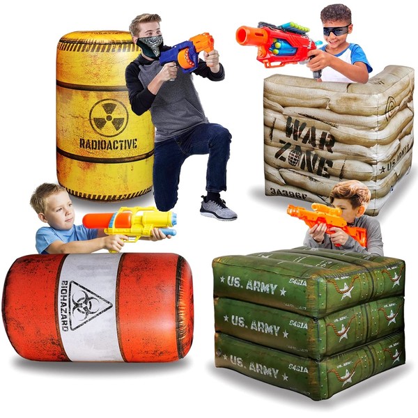 Pack of 4 Combat Battlefield Inflatables, Compatible with Nerf, Laser tag, Water Gun, Dart Gun, Perfect for Boys Birthday Party Activities and Decoration, Suitable for Kids and Adults