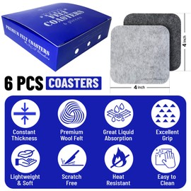 A&A Wonders Absorbent Premium Felt Coasters Set of 6 for Drink, Absorbent Felt Protects Furniture, Table, Anti Slip, Suitable for Drinks & All Table Types (Light Gray/Dark Gray, Square 6 Pack)