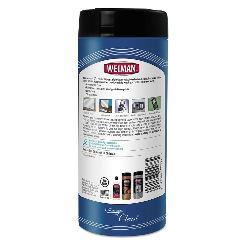 Weiman 93 E-tronic Wipes, 5 x 7, 30/Canister