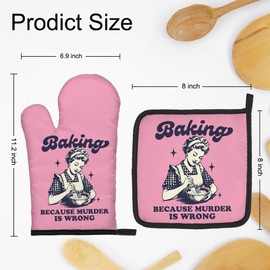 DYJYBMY Baking Because Murder is Wrong Funny Oven Mitts and Pot Holder Set, Humorous Vintage Kitchen Gadgets for Women, Birthday Gifts for Bake Lover Chef, Hostess Gifts for Mom Wife Sister BFF (FS)