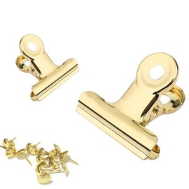 YUCHIYA 10 Pack Bulldog Clips with 10 Push-pins, Paper File Clips with Strong Spring, Large Metal Binder Clips, Seal Clamps for Coffee Tea Food Bags (Gold, 63 mm)
