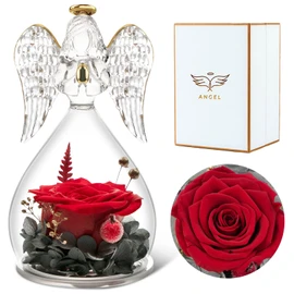 Angel Rose Figurines Angel Gifts for Women, Preserved Real Rose Glass Angel Gifts for Her Grandma Mom, Angels Figurines Guardian Unique Gifts Valentine Mothers Day Birthday Thanksgiving Gift - Red