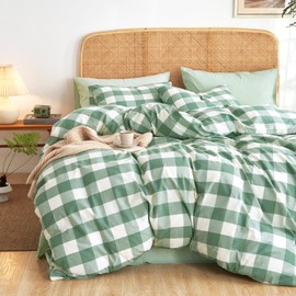 Wake In Cloud - Gingham Cotton Duvet Cover Set, Plaid Buffalo Check Checkered Farmhouse, 100% Washed Cotton Textured Percale Bedding Set, 3 Pieces, Green White, Full Size