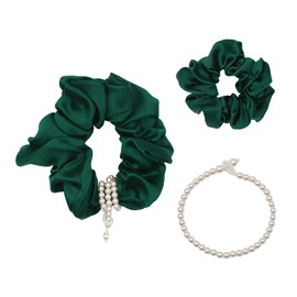 100% Mulberry Silk Scrunchie with Detachable Pearl Bracelet, Green Pure Silk Hair Tie & Multi-Use Bracelet, 2-in-1 Accessory