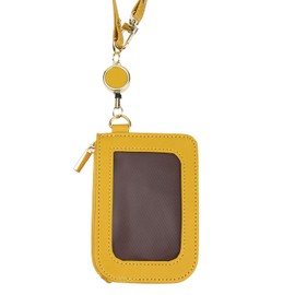 izuruhi Pass Case with Reel Included, Women's, Zippered, PU Leather, For Work or School, Kids, IC Card Compatible, Elastic Reel with Strap, yellow