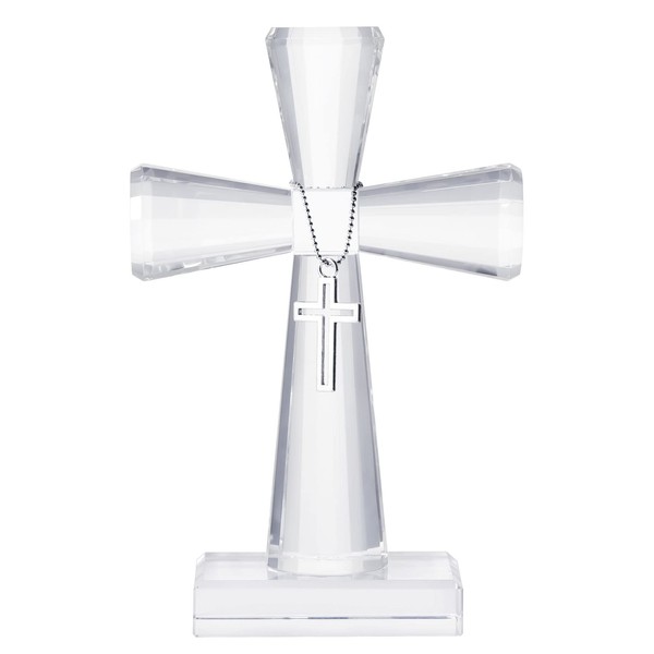 YWHL Crystal Cross Standing Decor with Cross Pendant, Handmade Glass
