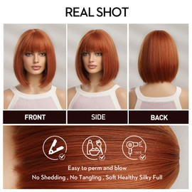 Kuefhs Ginger Bob Wig with Bangs for Women, Orange Short Wigs Synthetic Natural Hair Cosplay Wig